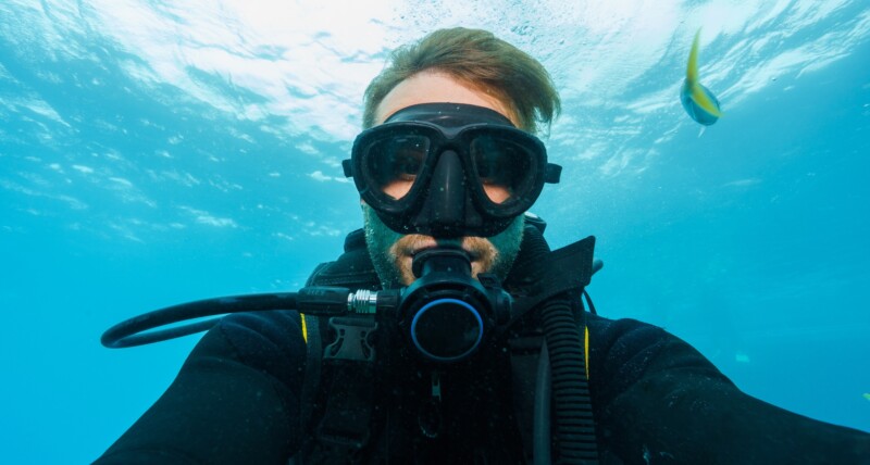 selfie of a scubadiver in tropical water